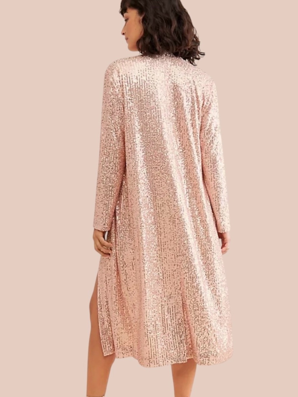 Mare Mare for Anthropologie Rose Gold Sequin Longline Duster Rose Gold Sz S NWT - Picture 2 of 14